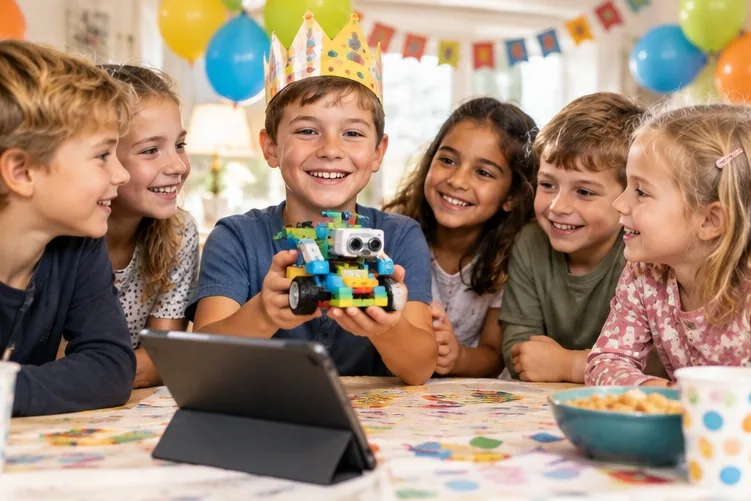 Lachende Kinder bauen bei einer Geburtstagsfeier Roboter aus Bausteinen