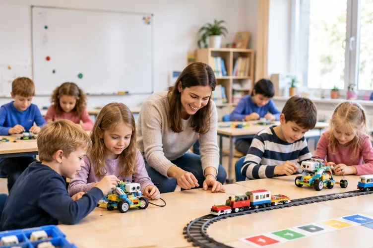Schulklasse programmiert mit Laptops und Robotik-Sets im Klassenzimmer